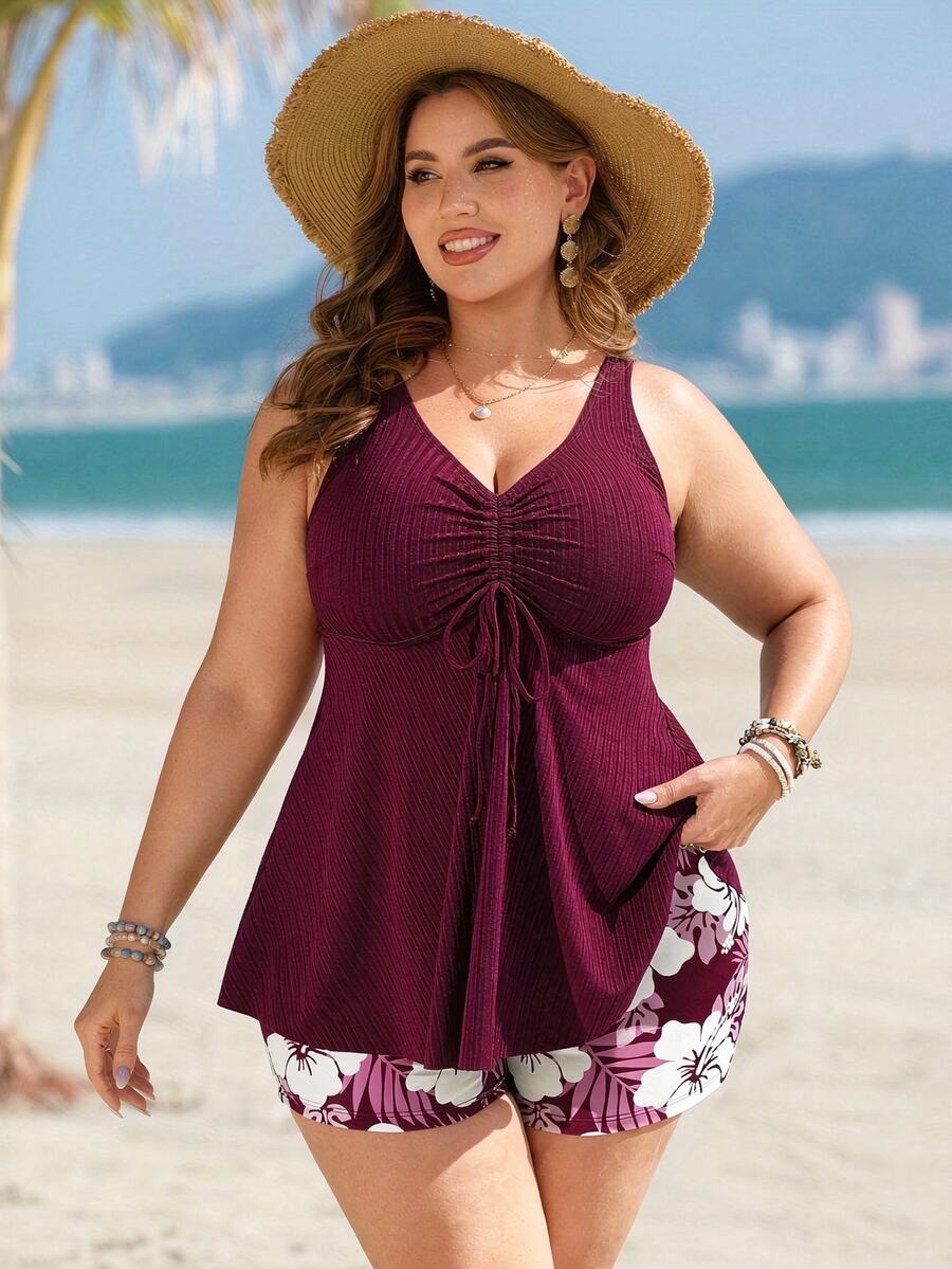 SHEIN Swim Curve Plus Size Women 2 Pieces Spaghetti Strap V-Neck High Waist Random Print Bikini Set For Summer Beach Vacation - Burgundy - View 1