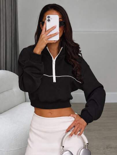 SHEIN Dewbera Women's Loose Black Half-Zip Long Sleeve Sports Sweatshirt, Colorblock Striped Patchwork, Suitable For Casual Wear, Running, Yoga, Fitness, Tennis, Golf, Autumn/Winter Outfit