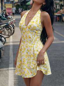 Sweetina Fitted Waist Bow Print Halter Mini Dress,Summer Dresses For Women - Yellow - View 7