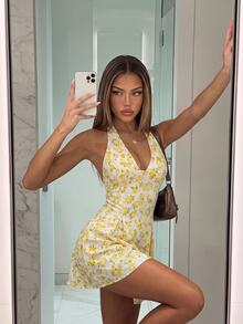 Sweetina Fitted Waist Bow Print Halter Mini Dress,Summer Dresses For Women - Yellow - View 1
