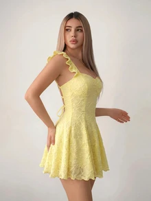 Sweetina 女款浪漫可愛度假風提花百褶洋裝 野餐黃 夏季 - 黃色 - 查看 4