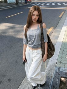 SHEIN ICON Minimalist Sexy Casual 2 In 1 Cold Shoulder Loose T-Shirt - Grey - View 5