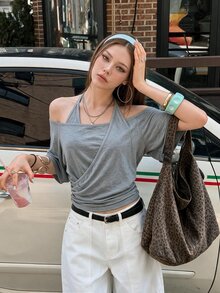 SHEIN ICON Minimalist Sexy Casual 2 In 1 Cold Shoulder Loose T-Shirt - Grey - View 4