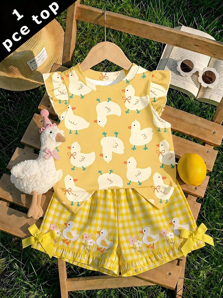 Cute Yellow Bow Little Duck Cartoon Pattern, Baby Girl Casual Fashion Cute Flutter Sleeve Round Neck Top Suitable For Spring/Summer, Korean Style, Relaxed Comfortable, Fashionable Children's Clothing, Y2K, Kawaii, Party, Daily, Vacation, Cute, Comfortable, - Multicolor - View 1