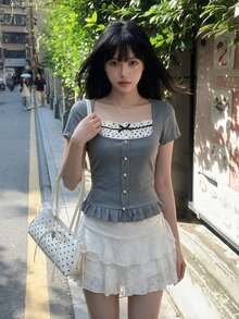 Sweetina French Vintage Lace Polka Dot Bowknot Patchwork 2 In 1 T-Shirt - Grey - View 5