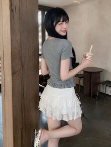 Sweetina French Vintage Lace Polka Dot Bowknot Patchwork 2 In 1 T-Shirt - Grey - View 2