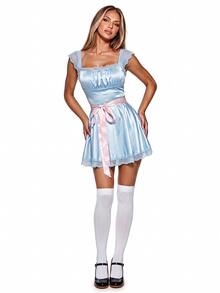 Sweetina Halloween Lace Patchwork Contrast Color Waist Belt Mini Dress - Baby Blue - View 1