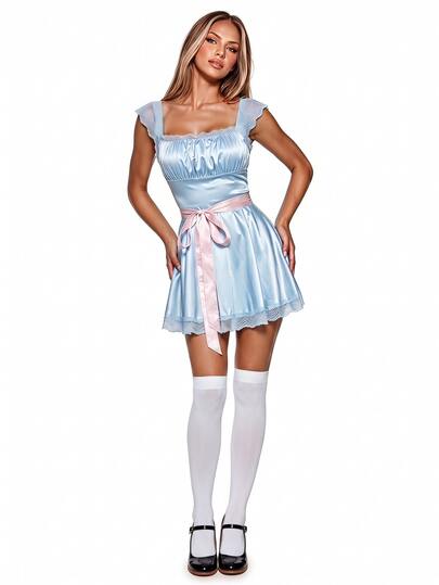 Sweetina Halloween Lace Patchwork Contrast Color Waist Belt Mini Dress