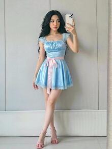 Sweetina Halloween Lace Patchwork Contrast Color Waist Belt Mini Dress - Baby Blue - View 3