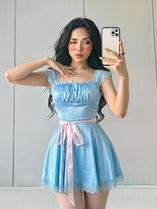 Sweetina Halloween Lace Patchwork Contrast Color Waist Belt Mini Dress - Baby Blue - View 8