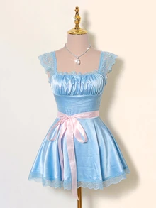 Sweetina Halloween Lace Patchwork Contrast Color Waist Belt Mini Dress - Baby Blue - View 9