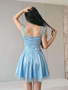Sweetina Halloween Lace Patchwork Contrast Color Waist Belt Mini Dress - Baby Blue - View 2