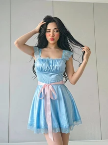 Sweetina Halloween Lace Patchwork Contrast Color Waist Belt Mini Dress - Baby Blue - View 7