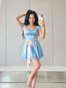 Sweetina Halloween Lace Patchwork Contrast Color Waist Belt Mini Dress - Baby Blue - View 6