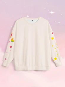 SHEIN X Care Bears Plus Size Women's Cartoon Print Crew Neck Long Sleeve Casual Sweatshirt - White - View 6