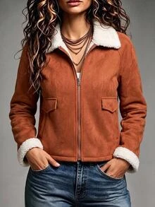 EMERY ROSE Women's Autumn/Winter Plush Collar Patchwork Long Sleeve Jacket Everyday Casual Winter Jacket - Camel - View 10