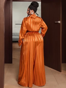 Maweii Plus Size Women's Button Long Sleeve Top And Pocket Pants Party 2 Pieces Set Fall - Orange - View 5