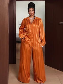 Maweii Plus Size Women's Button Long Sleeve Top And Pocket Pants Party 2 Pieces Set Fall - Orange - View 4