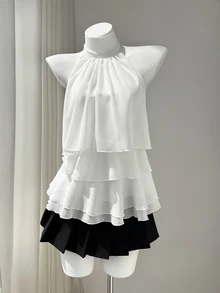 Elamini White Chiffon Mandarin Collar Halter Backless Ruffle Trim Shirt Women's Summer Commuting Sweet Cute Vacation Romantic Elegant Versatile Night Out - White - View 5