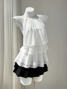 Elamini White Chiffon Mandarin Collar Halter Backless Ruffle Trim Shirt Women's Summer Commuting Sweet Cute Vacation Romantic Elegant Versatile Night Out - White - View 4