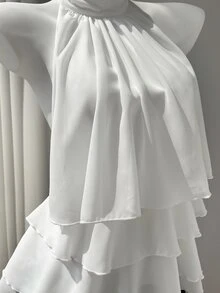 Elamini White Chiffon Mandarin Collar Halter Backless Ruffle Trim Shirt Women's Summer Commuting Sweet Cute Vacation Romantic Elegant Versatile Night Out - White - View 7