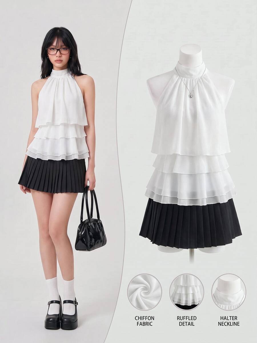 Elamini White Chiffon Mandarin Collar Halter Backless Ruffle Trim Shirt Women's Summer Commuting Sweet Cute Vacation Romantic Elegant Versatile Night Out - White - View 1