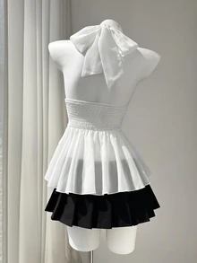Elamini White Chiffon Mandarin Collar Halter Backless Ruffle Trim Shirt Women's Summer Commuting Sweet Cute Vacation Romantic Elegant Versatile Night Out - White - View 2