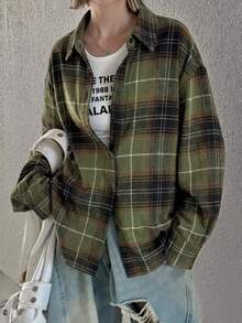 FRIFUL Women's Casual Loose Drop Shoulder Plaid Shirt - Green - View 6