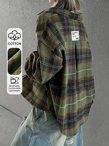 FRIFUL Women's Casual Loose Drop Shoulder Plaid Shirt - Green - View 1