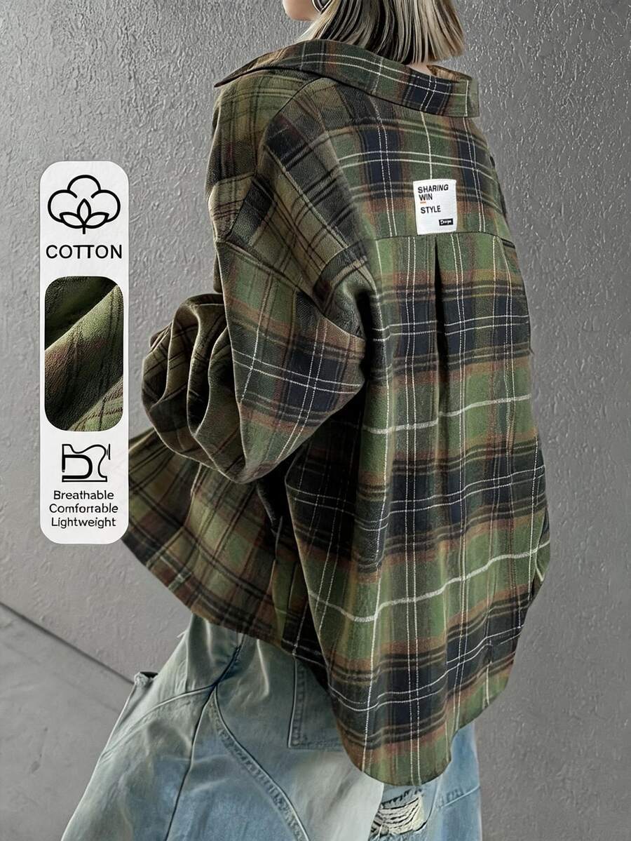 FRIFUL Women's Casual Loose Drop Shoulder Plaid Shirt - Green - View 1
