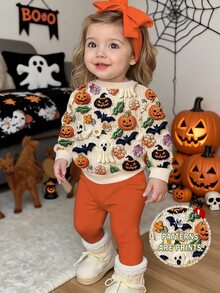 Halloween, Baby Girl Casual Minimalist Cute Textured Halloween Ghost, Pumpkin, Bat Pattern, Pumpkin Color, Fleece Lined Crew Neck Sweatshirt And Elastic Waist Long Pants Set Suitable For Autumn/Winter Looks Of Party, Fall, Winter, Kawaii, - Multicolor - View 2
