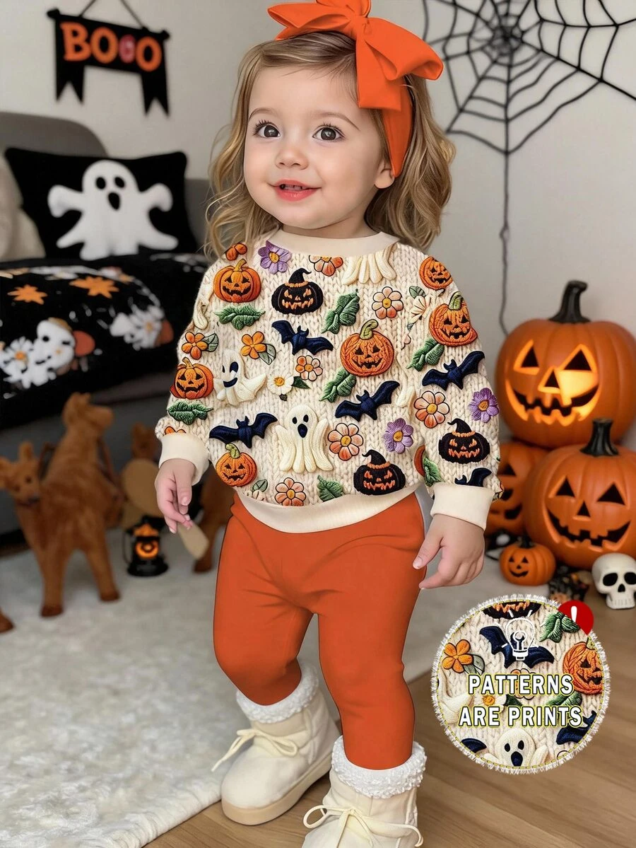 Halloween, Baby Girl Casual Minimalist Cute Textured Halloween Ghost, Pumpkin, Bat Pattern, Pumpkin Color, Fleece Lined Crew Neck Sweatshirt And Elastic Waist Long Pants Set Suitable For Autumn/Winter Looks Of Party, Fall, Winter, Kawaii,