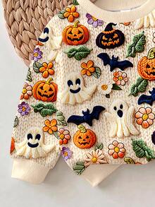 Halloween, Baby Girl Casual Minimalist Cute Textured Halloween Ghost, Pumpkin, Bat Pattern, Pumpkin Color, Fleece Lined Crew Neck Sweatshirt And Elastic Waist Long Pants Set Suitable For Autumn/Winter Looks Of Party, Fall, Winter, Kawaii, - Multicolor - View 6