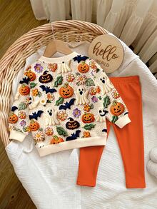 Halloween, Baby Girl Casual Minimalist Cute Textured Halloween Ghost, Pumpkin, Bat Pattern, Pumpkin Color, Fleece Lined Crew Neck Sweatshirt And Elastic Waist Long Pants Set Suitable For Autumn/Winter Looks Of Party, Fall, Winter, Kawaii, - Multicolor - View 5