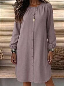 EMERY ROSE Women's Round Neck Long Sleeve Single-Breasted Solid Color Dress Everyday Travel Shades Of Brown Autumn Casual - Brown - View 1