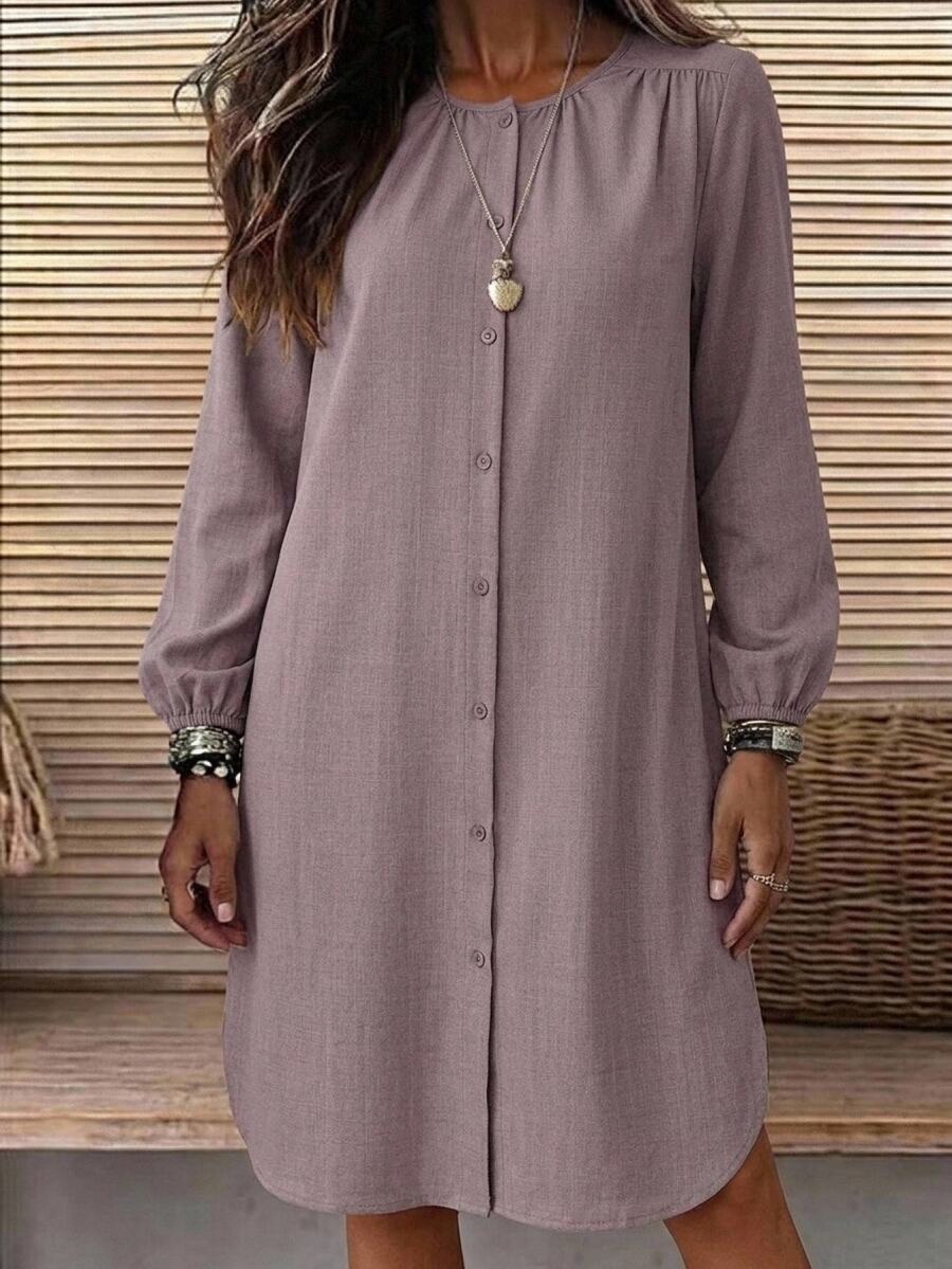 EMERY ROSE Women's Round Neck Long Sleeve Single-Breasted Solid Color Dress Everyday Travel Shades Of Brown Autumn Casual - Brown - View 1