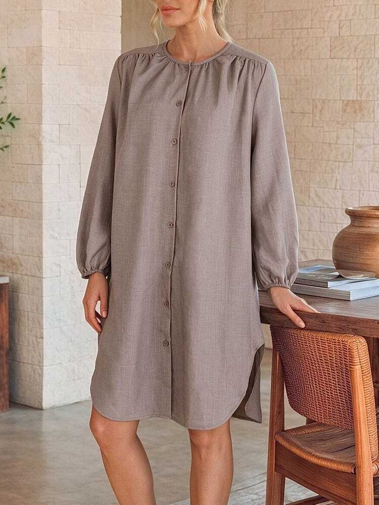 EMERY ROSE Women's Round Neck Long Sleeve Single-Breasted Solid Color Dress Everyday Travel Shades Of Brown Autumn Casual - Brown - View 5