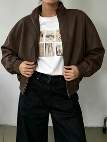 Weeklong Autumn/Winter Plus Size Women's Brown Woven Stand Collar Zipper Short Loose Drop Shoulder Jacket, Casual Versatile Jacket Coat For Daily Wear And Outings - Brown - View 6