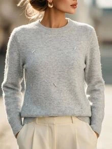 EMERY ROSE Beaded Design Sweater Women Autumn/Winter Outerwear 2026 New Lazy Commute Loose Short Versatile Base Layer Knit Top Party Sweater - Grey - View 8