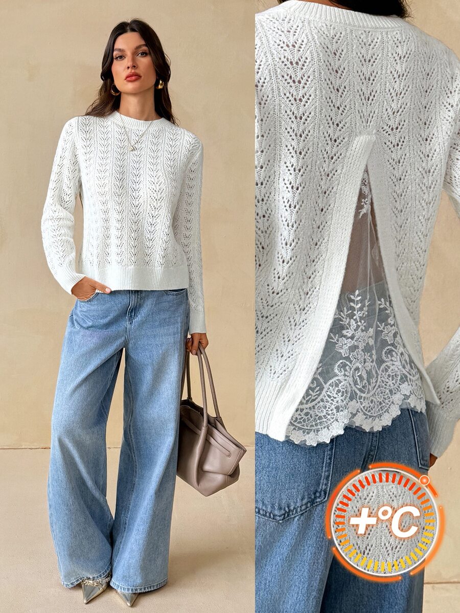 SHEIN Tall Elegant Knit Sweater With Mesh And Lace Back Panel And Cut-Out Detail (For Tall Women) - Apricot - View 1