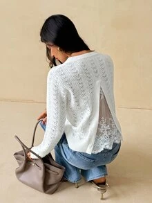 SHEIN Tall Elegant Knit Sweater With Mesh And Lace Back Panel And Cut-Out Detail (For Tall Women) - Apricot - View 6