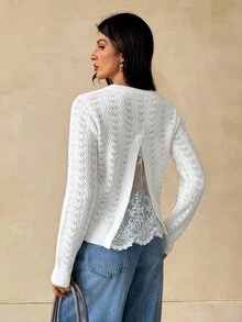 SHEIN Tall Elegant Knit Sweater With Mesh And Lace Back Panel And Cut-Out Detail (For Tall Women) - Apricot - View 2