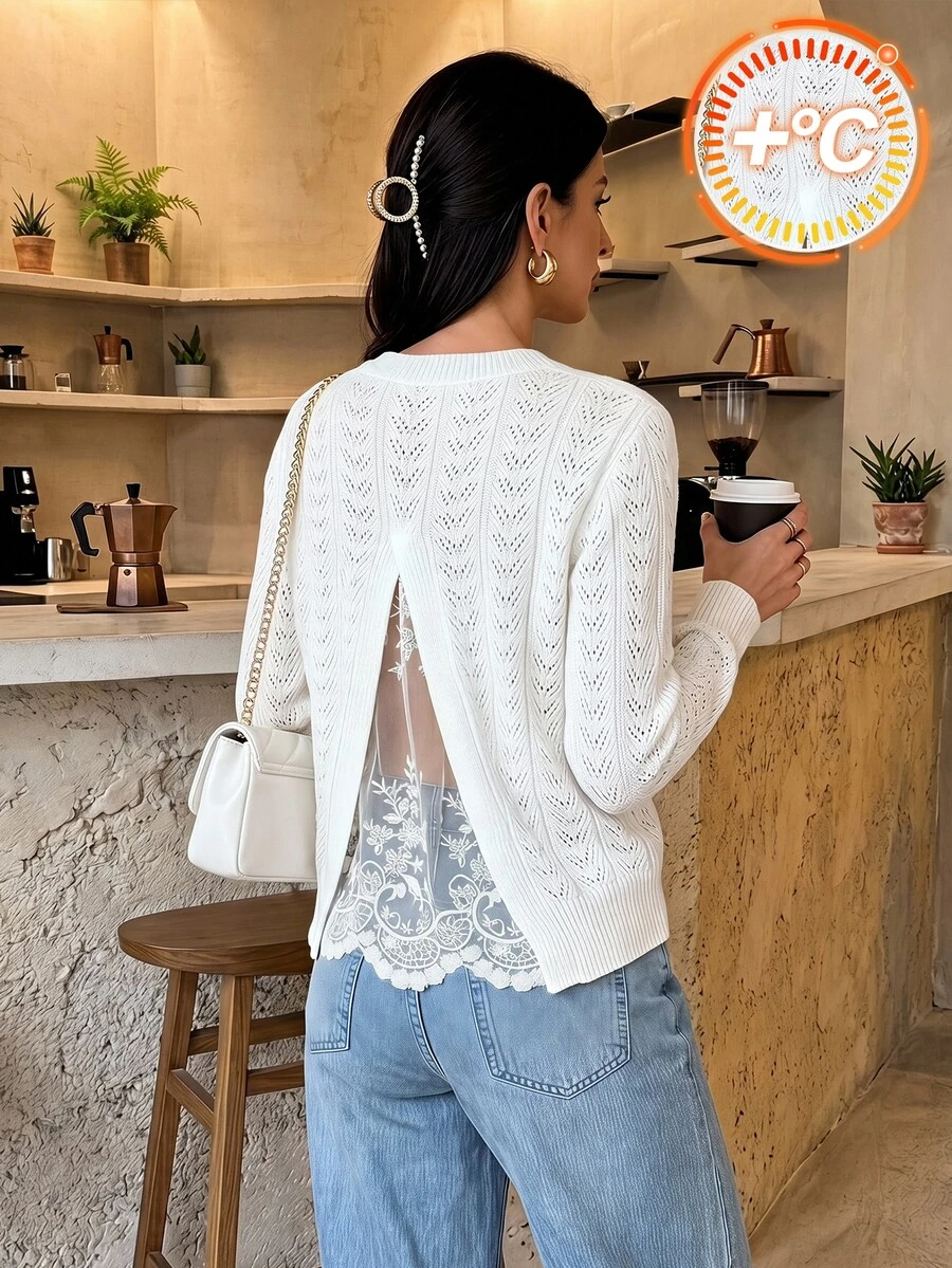 SHEIN Tall Elegant Knit Sweater With Mesh And Lace Back Panel And Cut-Out Detail (For Tall Women) - Apricot - View 1