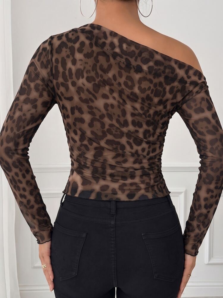 Selianne Early Fall Casual Sexy Party Club Night Out Leopard Print Mesh Asymmetric Ruched Fitted Waist Long Sleeve Women's T-Shirt Dark Brown Halloween - Brown - View 2