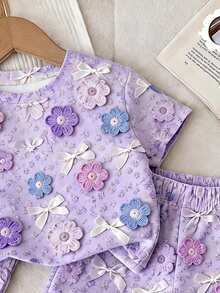 SHEIN Modest Cute 3D Flower Bow Pattern, Baby Girl Round Neck T-Shirt And Shorts Set 2pcs, Spring/Summer, Wedding Photoshoot Family, Back To School - Multicolor - View 5