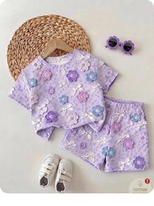 SHEIN Modest Cute 3D Flower Bow Pattern, Baby Girl Round Neck T-Shirt And Shorts Set 2pcs, Spring/Summer, Wedding Photoshoot Family, Back To School - Multicolor - View 8