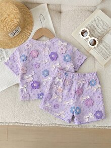 SHEIN Modest Cute 3D Flower Bow Pattern, Baby Girl Round Neck T-Shirt And Shorts Set 2pcs, Spring/Summer, Wedding Photoshoot Family, Back To School - Multicolor - View 2