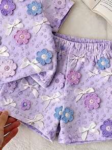 SHEIN Modest Cute 3D Flower Bow Pattern, Baby Girl Round Neck T-Shirt And Shorts Set 2pcs, Spring/Summer, Wedding Photoshoot Family, Back To School - Multicolor - View 7