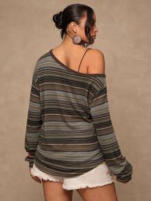 Freevana Plus Size Women's Bohemian Vintage Striped Long Sleeve Asymmetrical Neckline T-Shirt - Multicolor - View 2