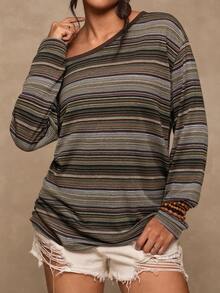 Freevana Plus Size Women's Bohemian Vintage Striped Long Sleeve Asymmetrical Neckline T-Shirt - Multicolor - View 3